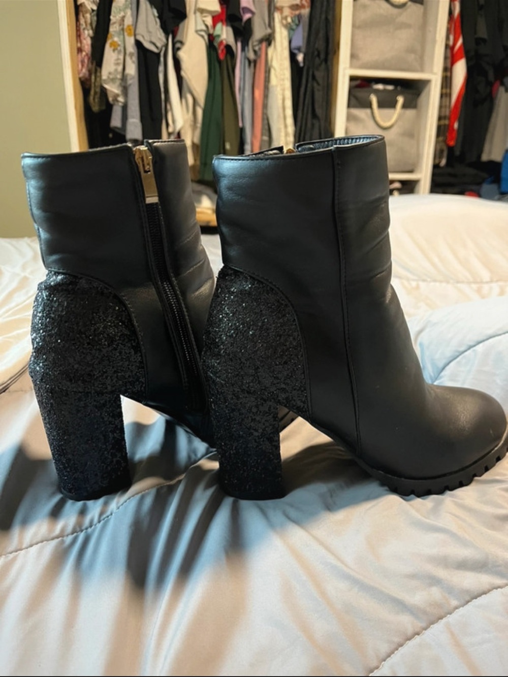 Black Glitter Block Heel Ankle Boots - Women